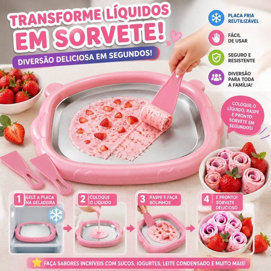 Kit rosa de chapa fria para preparar sorvete em rolinhos com espátulas