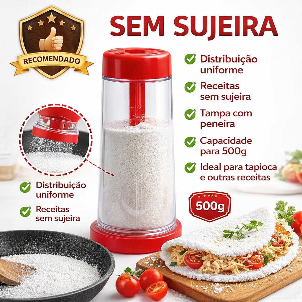 Tapioqueira vermelha com peneira e recipiente para armazenar farinha