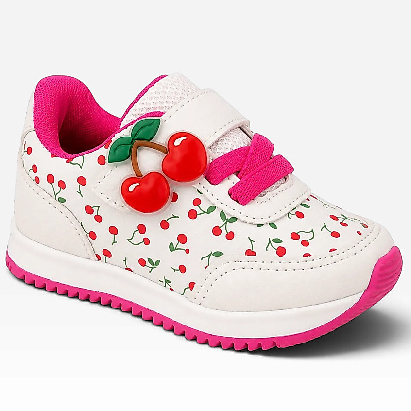 Tênis infantil branco e rosa com estampa e aplique de cerejas