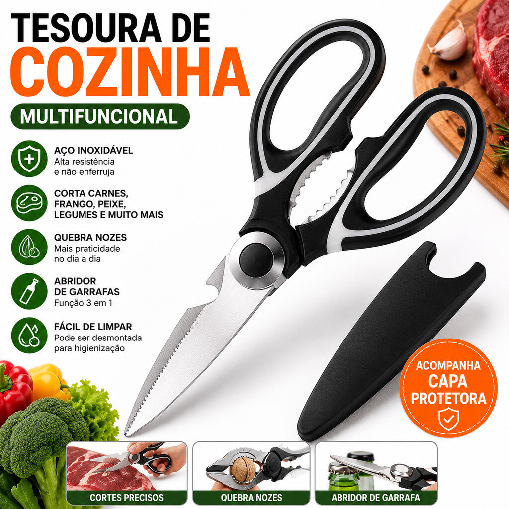 Tesoura de cozinha multifuncional em aço inox com capa