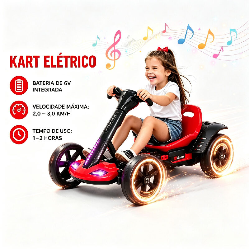 Criança em triciclo elétrico infantil vermelho com luzes nas rodas