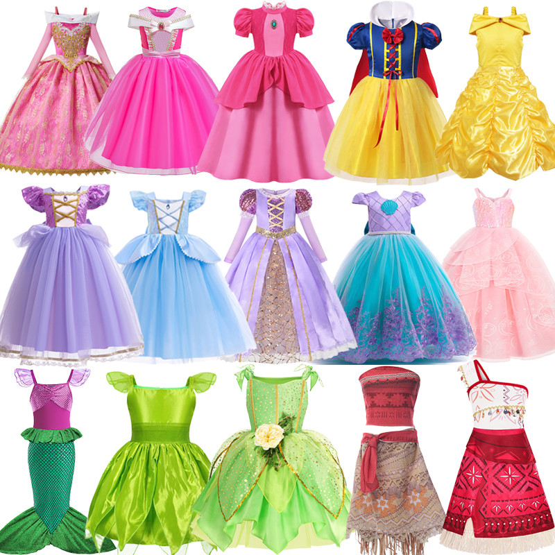 Seleção colorida de vestidos infantis temáticos de princesa e sereia